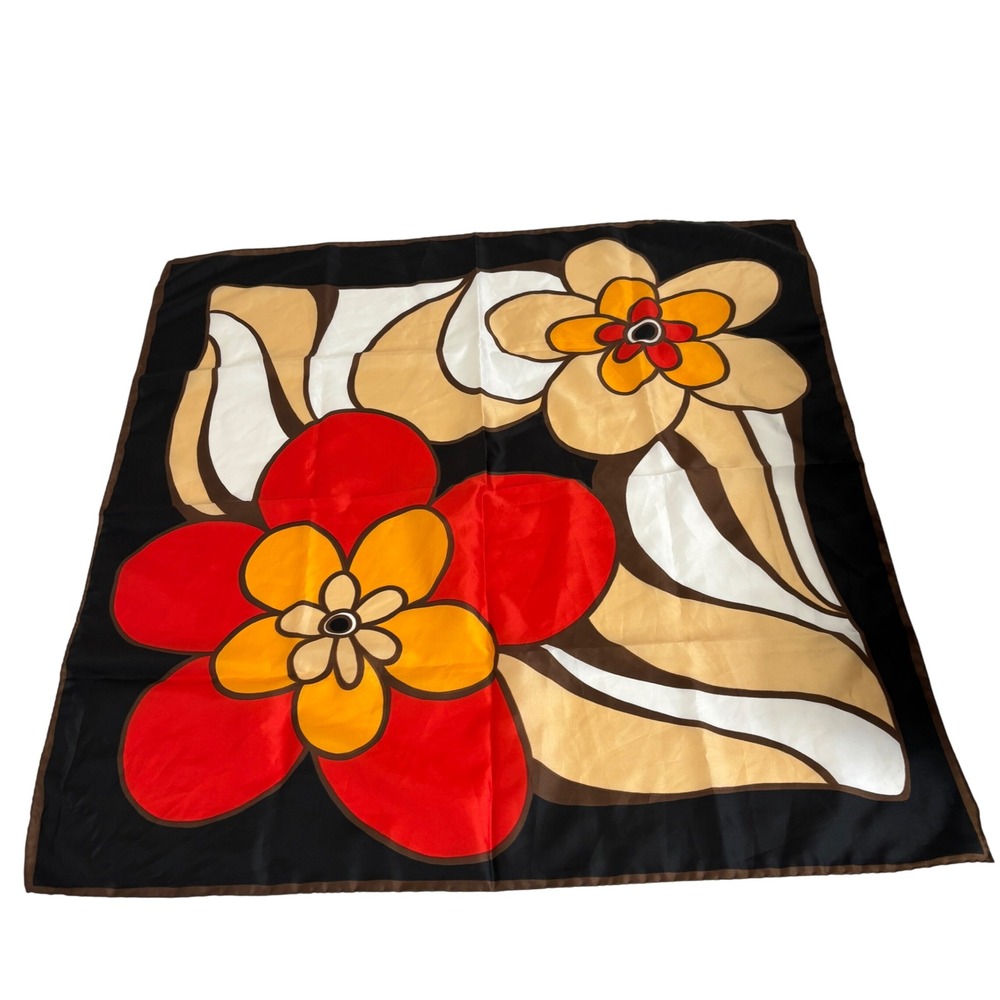 Vintage Trevira by GEP Italy Floral Mod Scarf Black Red Orange Brown Square 70s